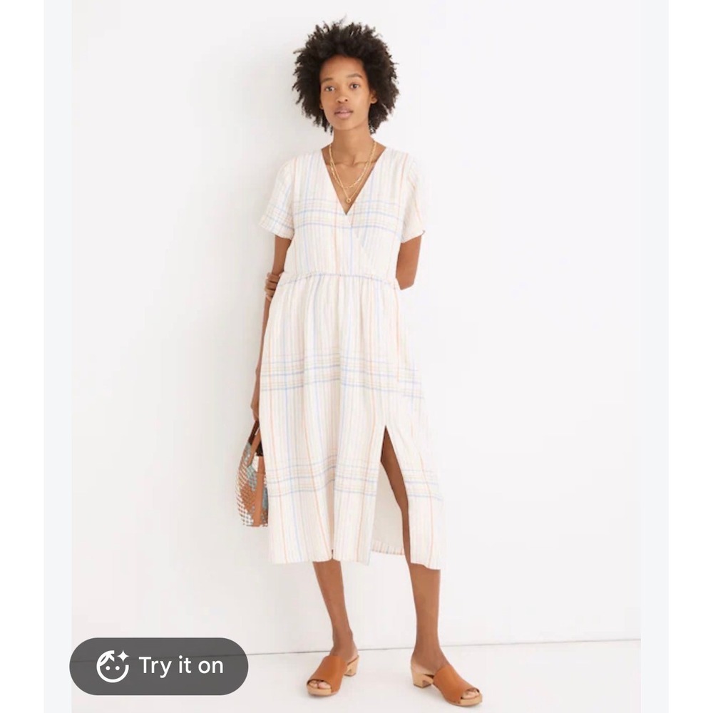 Madewell Rainbow Plaid Linen Blend Faux Wrap Midi Dress Short Sleeve Cream S